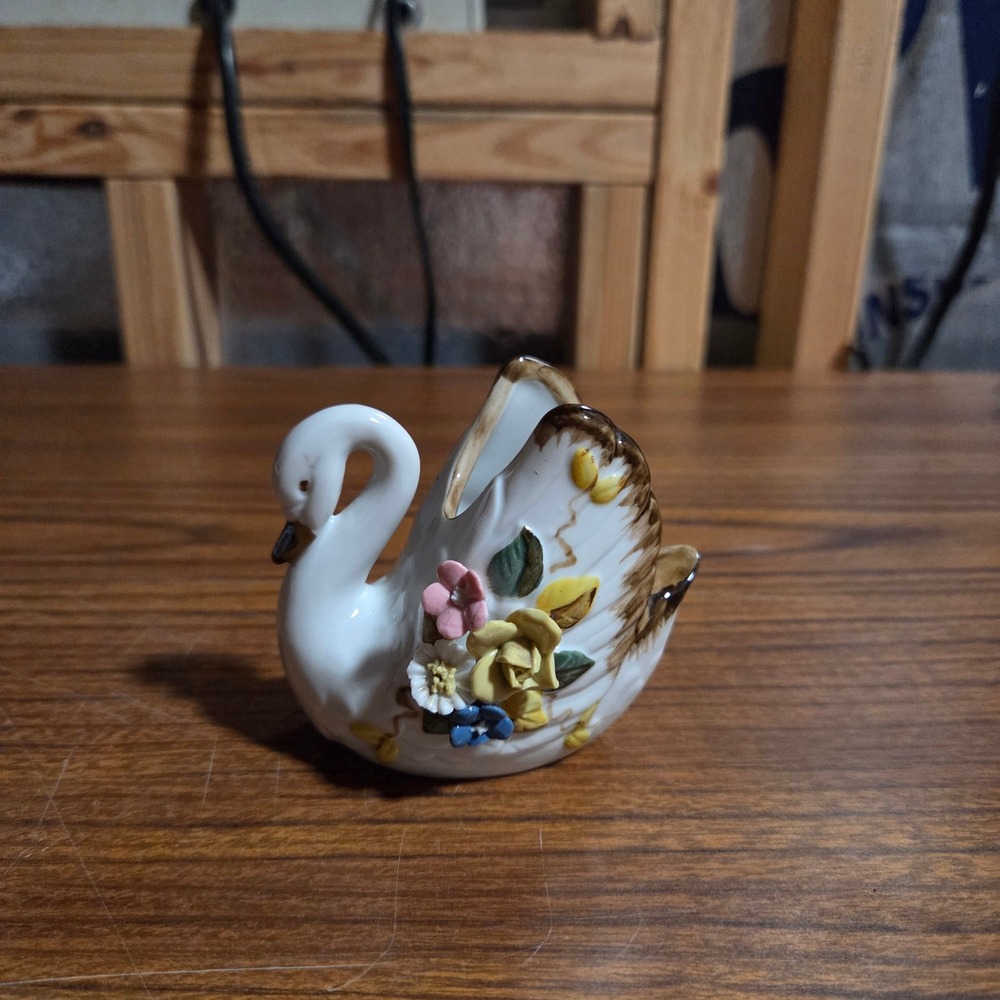 Vintage Porcelain Swan Figurine Toothpick Holder Floral Trinket Dish White Brown